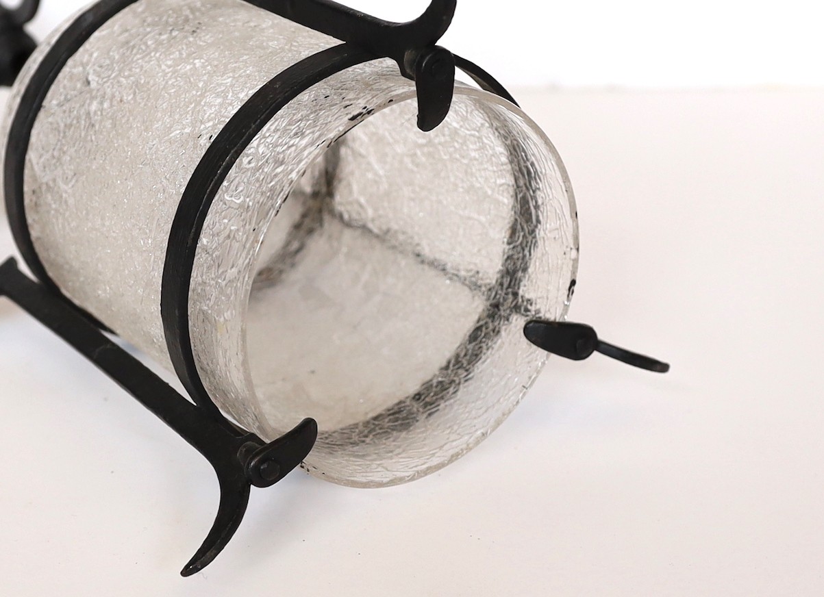 An early 20th century English wrought iron hall lantern with frosted glass liner, height 40cm to 40cm